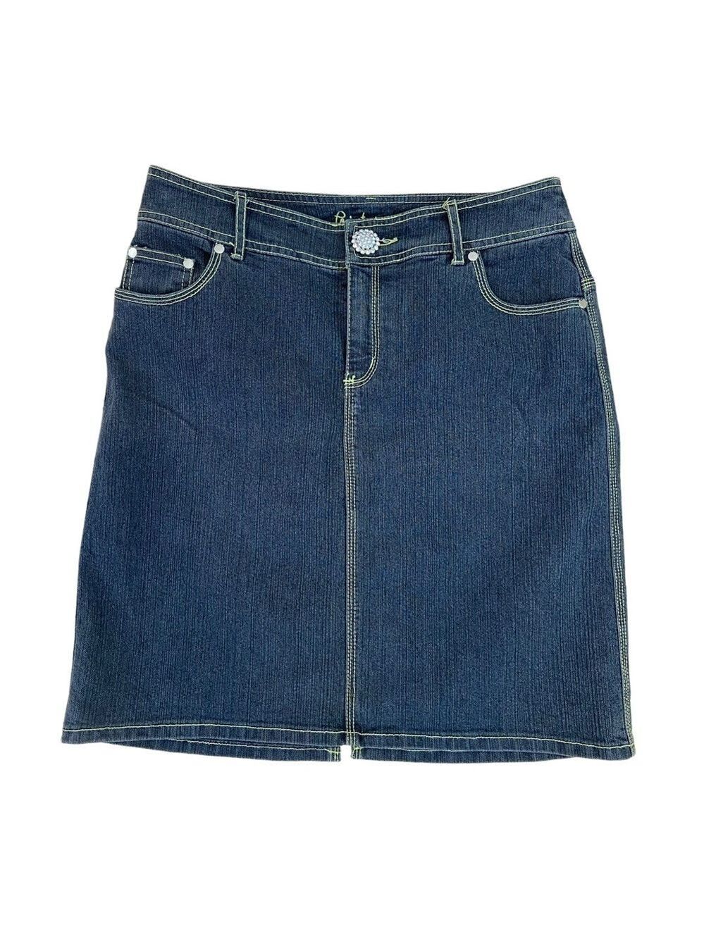 Point Zero Nicole Benisti jeans skirt blue denim lime stitches high rise size 9
